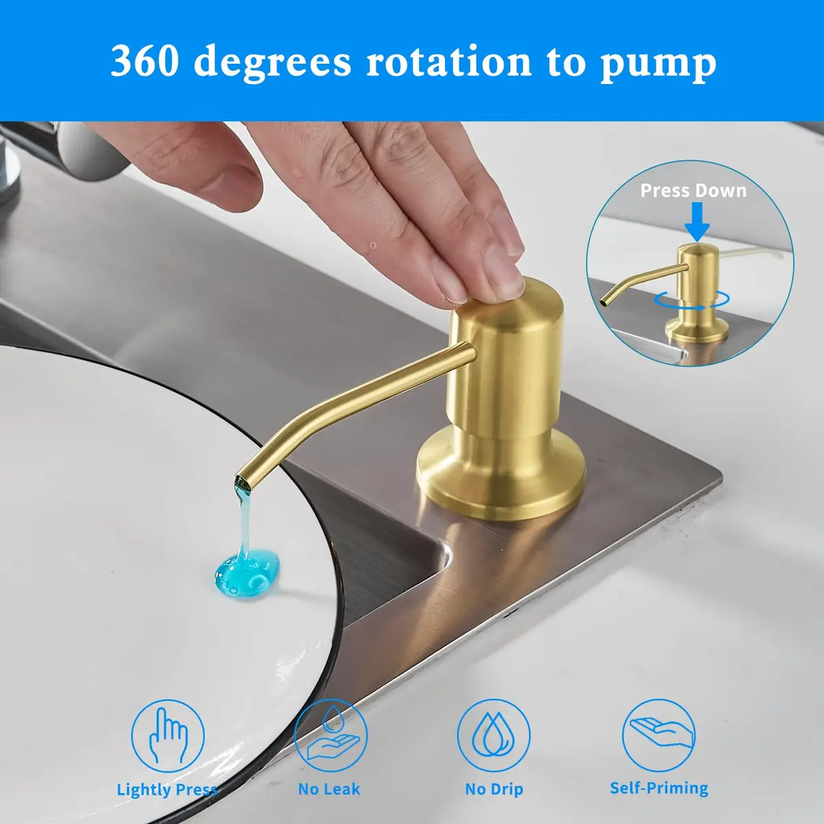 DOILIESE Gold Brushed Stainless Steel Built-in Soap Dispenser 500ml (17 Fl Oz) | Refillable Countertop Pump for Kitchen Sinks - view 4