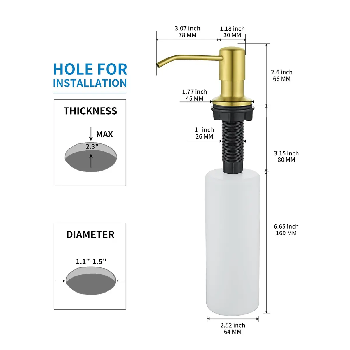 DOILIESE Gold Brushed Stainless Steel Built-in Soap Dispenser 500ml (17 Fl Oz) | Refillable Countertop Pump for Kitchen Sinks - view 5