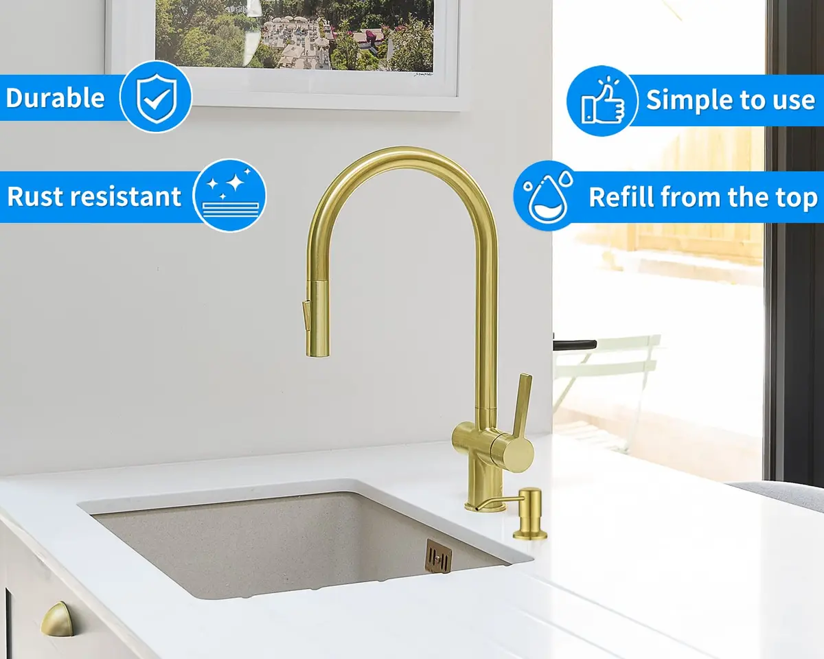 DOILIESE Gold Brushed Stainless Steel Built-in Soap Dispenser 500ml (17 Fl Oz) | Refillable Countertop Pump for Kitchen Sinks - view 2