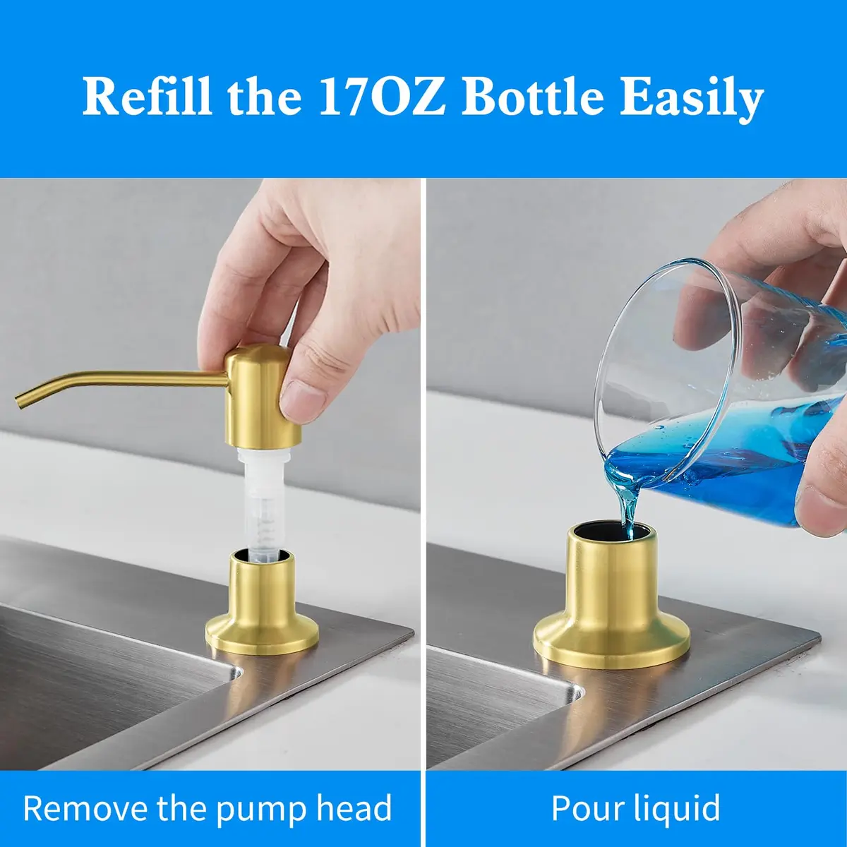 DOILIESE Gold Brushed Stainless Steel Built-in Soap Dispenser 500ml (17 Fl Oz) | Refillable Countertop Pump for Kitchen Sinks - view 3