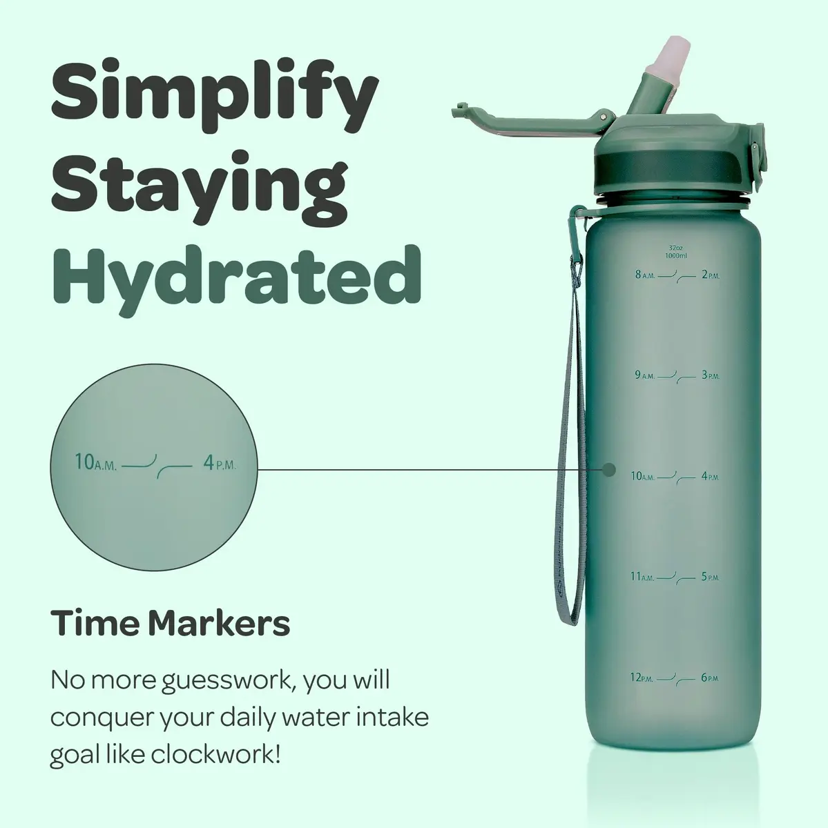 Hydracy Motivational Water Bottle with Time Marker and Straw Lid 32 oz | Leakproof, BPA-Free, 1000ml, Sport/fitness hydration - view 4