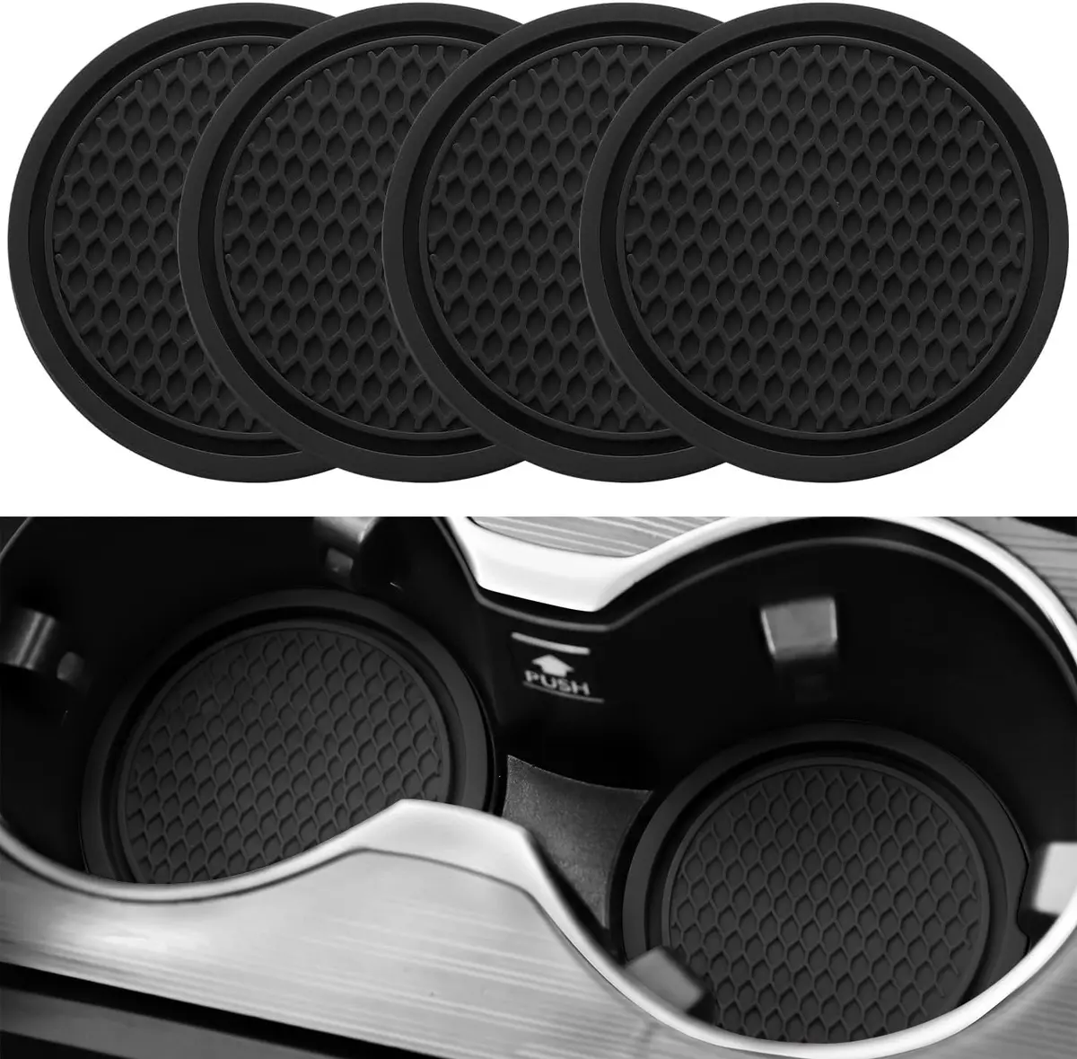 SINGARO Black Silicone Car Cup Coaster Set | 4PCS Universal Non-Slip Cup Holders with Groove Patterns - main product image
