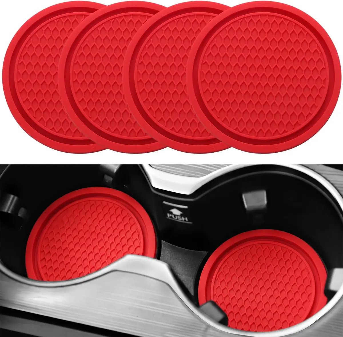 SINGARO Red 4PCS Car Cup Coaster Set 7.04cm (2.77 inches) | Universal Non-Slip Silicone Interior Accessories - main product image