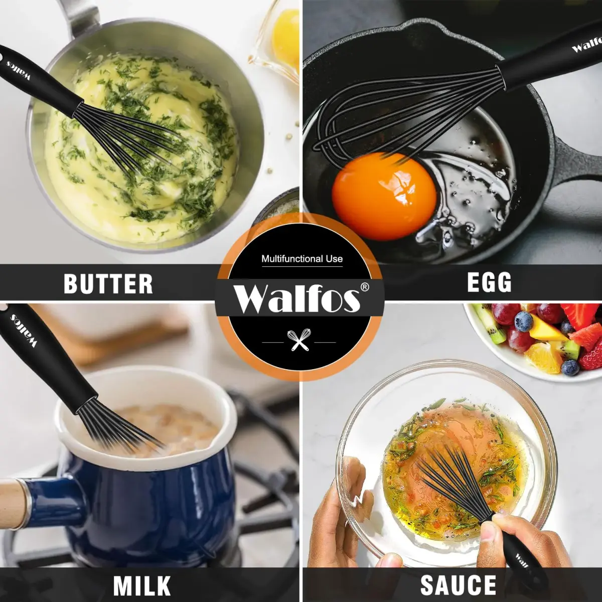 Walfos Mini Whisk 5.5in & 7.5in (14cm & 19cm) | Silicone Coated Stainless Steel for Non-Stick Cookware - view 5