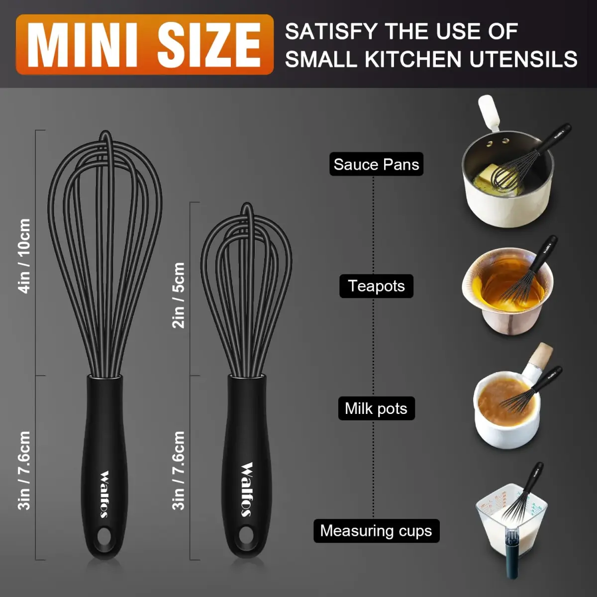 Walfos Mini Whisk 5.5in & 7.5in (14cm & 19cm) | Silicone Coated Stainless Steel for Non-Stick Cookware - view 3