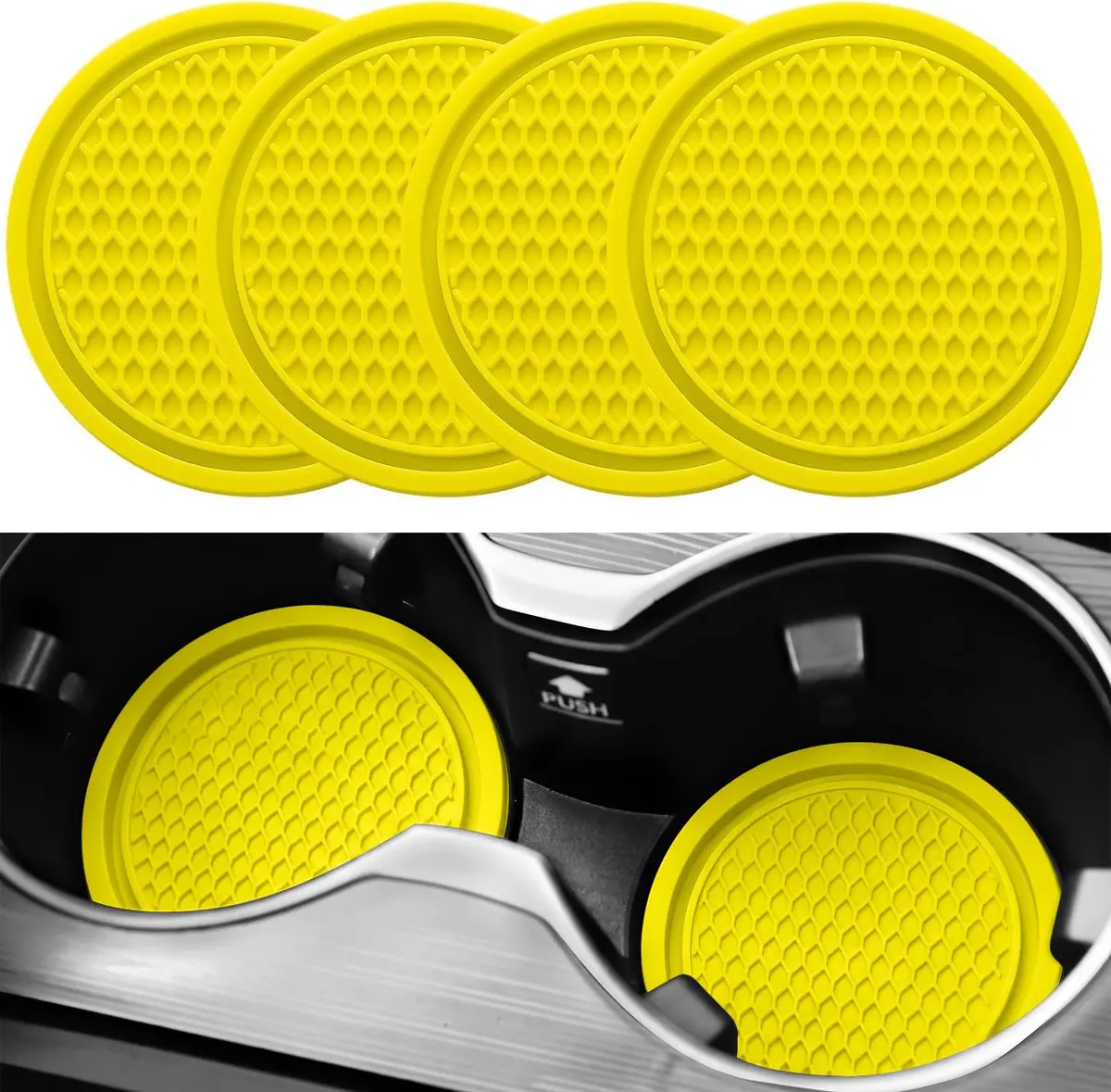 SINGARO Yellow 4PCS Silicone Car Cup Coaster Set | Universal Non-Slip Cup Holders Embedded in Ornaments Coaster - main product image