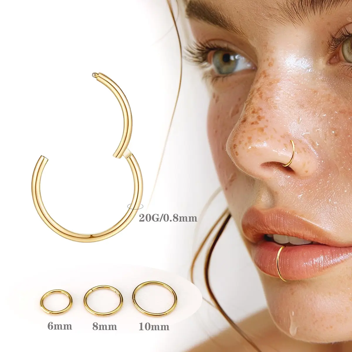 MeiziQL Nose Rings Hoop 20G Gold Nose Hoop | Hypoallergenic Body Jewelry for Women Men - view 2