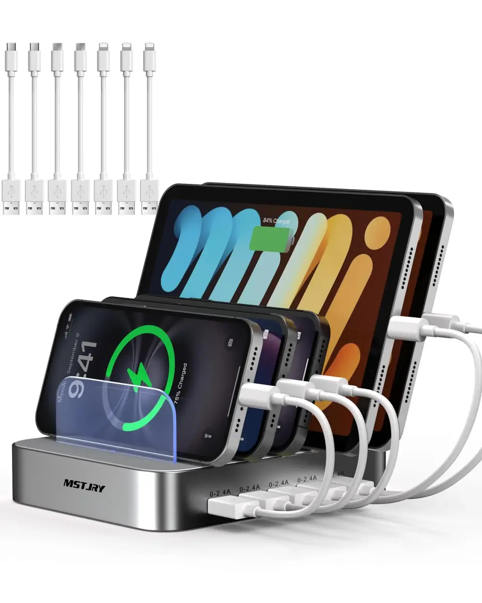 MSTJRY 5-Port USB-A Charging Station with 7 Cables, Silver | 50W 110-240V Compatible - main product image