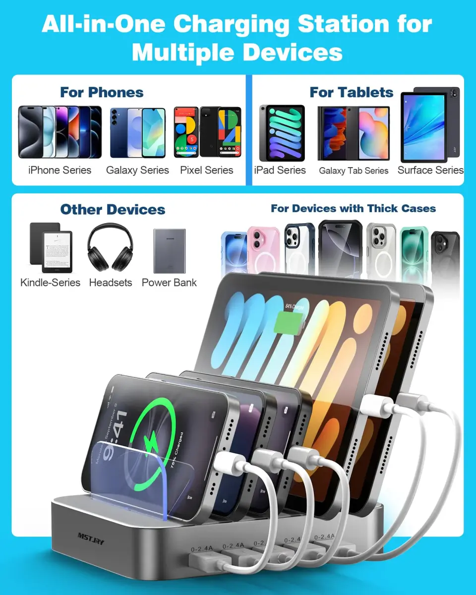 MSTJRY 5-Port USB-A Charging Station with 7 Cables, Silver | 50W 110-240V Compatible - view 5