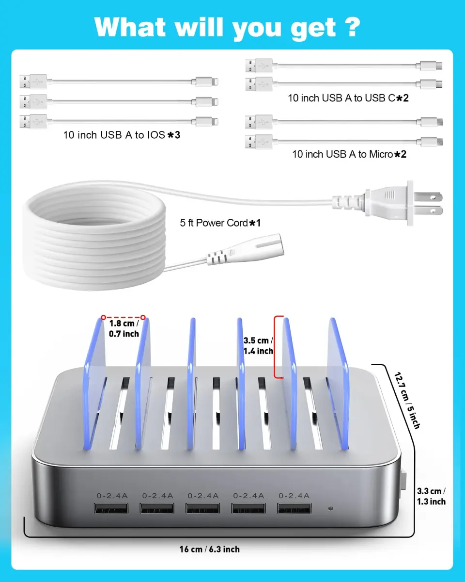 MSTJRY 5-Port USB-A Charging Station with 7 Cables, Silver | 50W 110-240V Compatible - view 7