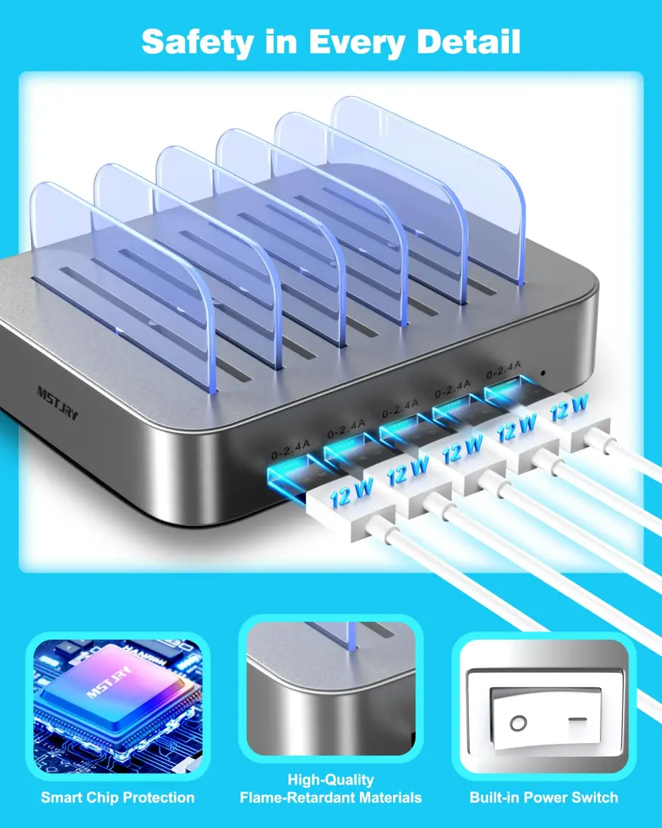 MSTJRY 5-Port USB-A Charging Station with 7 Cables, Silver | 50W 110-240V Compatible - view 2