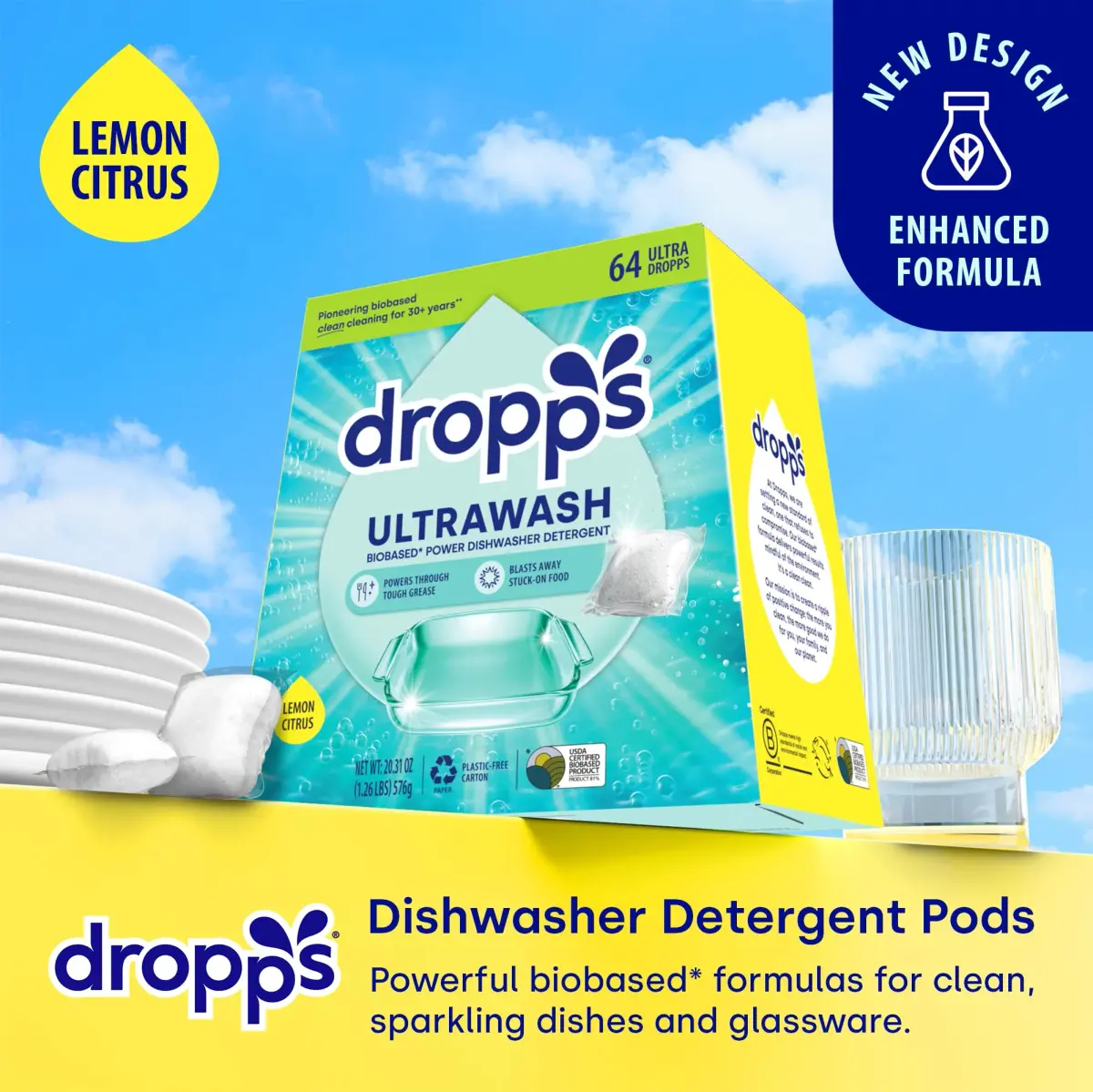 Dropps UltraWash Dishwasher Detergent Pods Lemon Citrus 576g (64 Ct) | USDA Biobased Formula Cuts Grease - view 2
