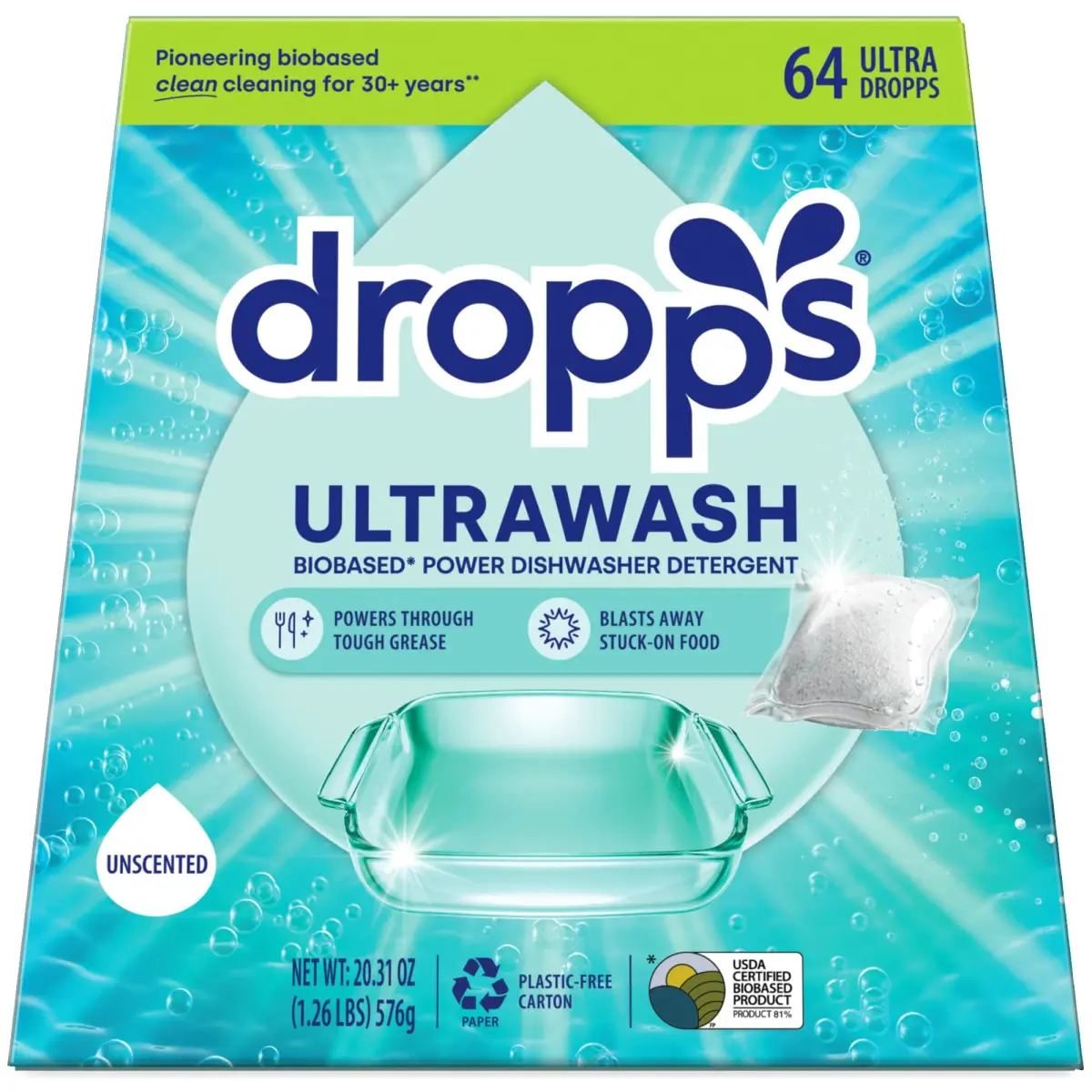 Dropps UltraWash Dishwasher Detergent Pods, Unscented (64 Ct) | USDA Biobased Formula - main product image