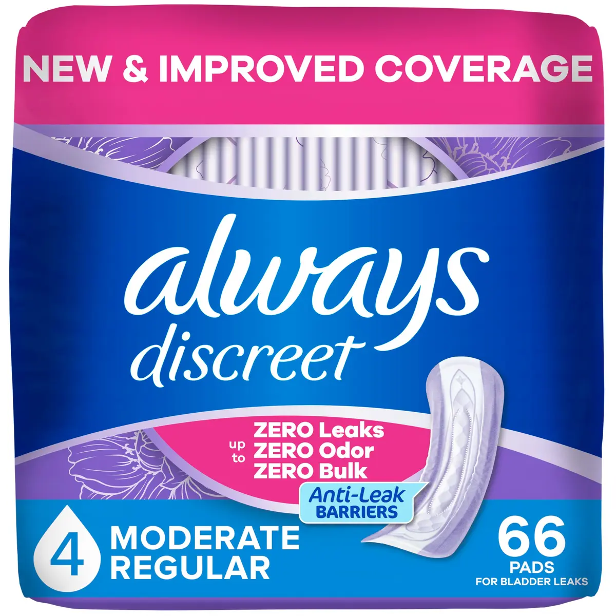 Always Discreet Adult Incontinence Pads for Women, Drier, Regular Length, Moderate Absorbency, 66ct | RapidDry Core Holds 5x Average Leak - main product image