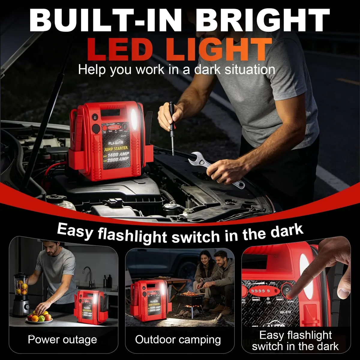 FlyAuto 12V/24V Heavy Duty Jump Starter & Battery Booster | 2800A Peak, Lead-Acid, Emergency Power, Portable - view 4