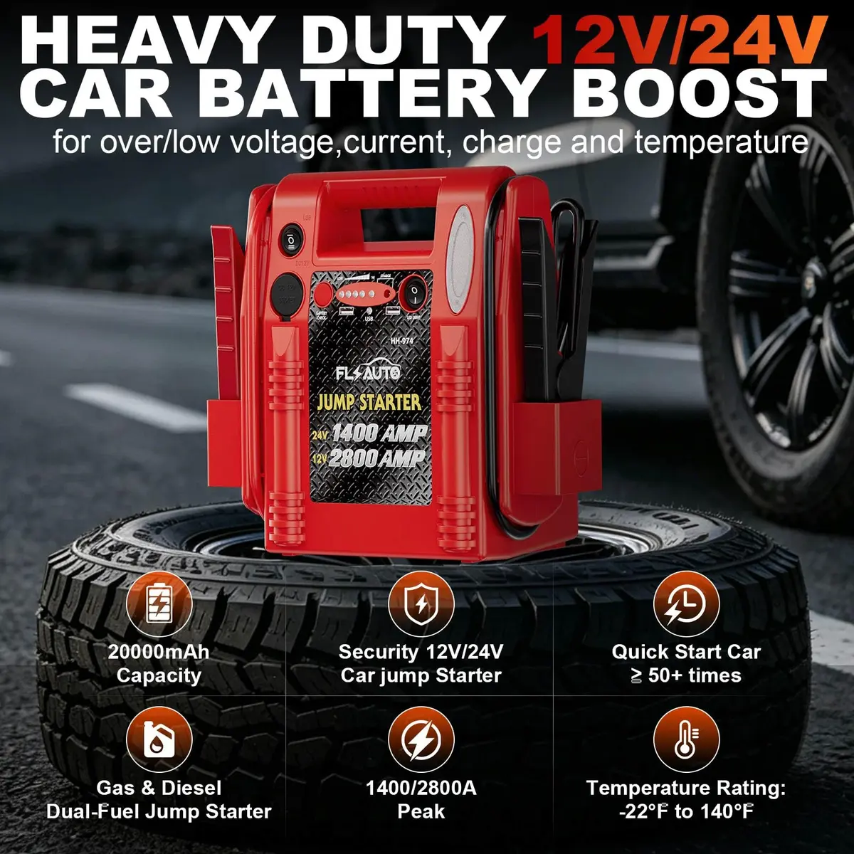 FlyAuto 12V/24V Heavy Duty Jump Starter & Battery Booster | 2800A Peak, Lead-Acid, Emergency Power, Portable - view 5