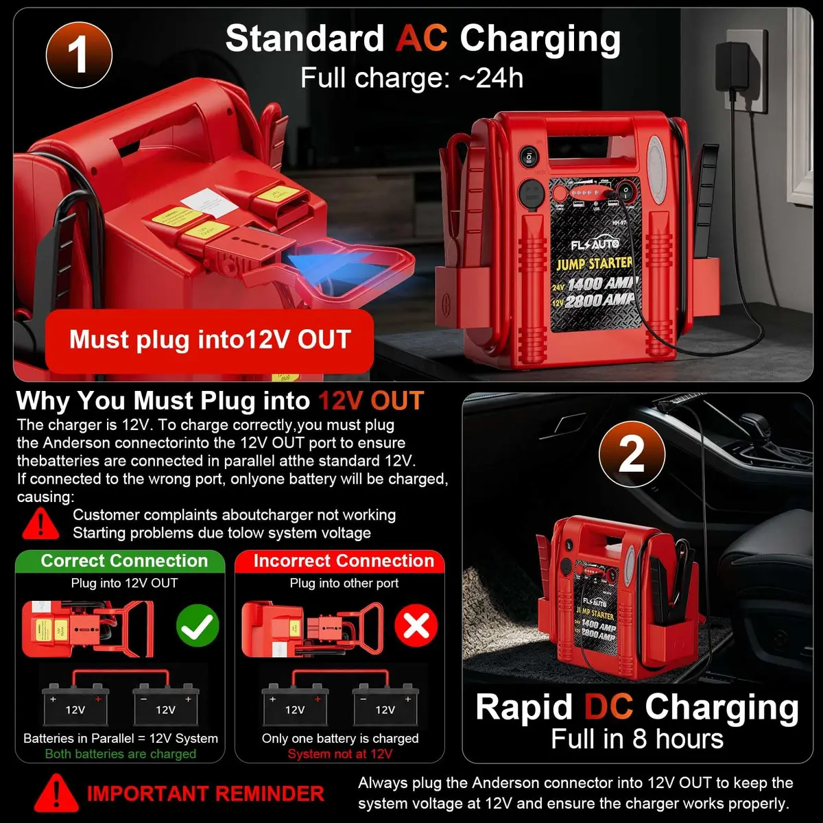 FlyAuto 12V/24V Heavy Duty Jump Starter & Battery Booster | 2800A Peak, Lead-Acid, Emergency Power, Portable - view 7