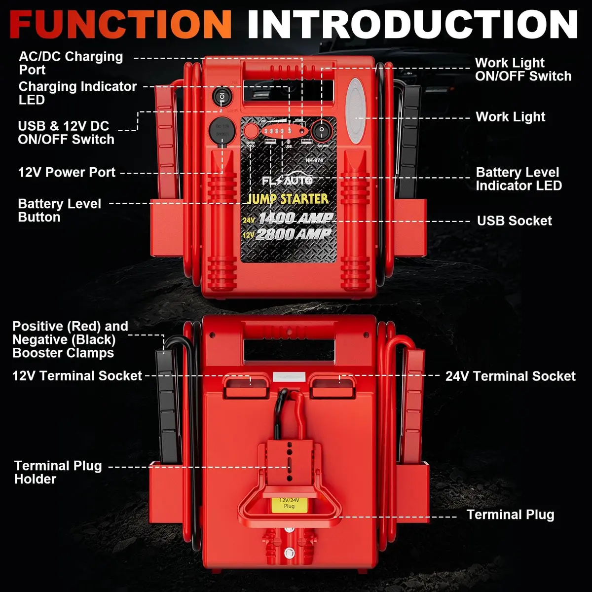 FlyAuto 12V/24V Heavy Duty Jump Starter & Battery Booster | 2800A Peak, Lead-Acid, Emergency Power, Portable - view 9