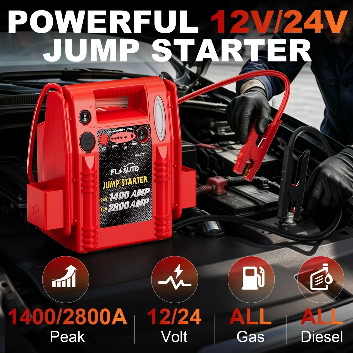 FlyAuto 12V/24V Heavy Duty Jump Starter & Battery Booster | 2800A Peak, Lead-Acid, Emergency Power, Portable - view 2