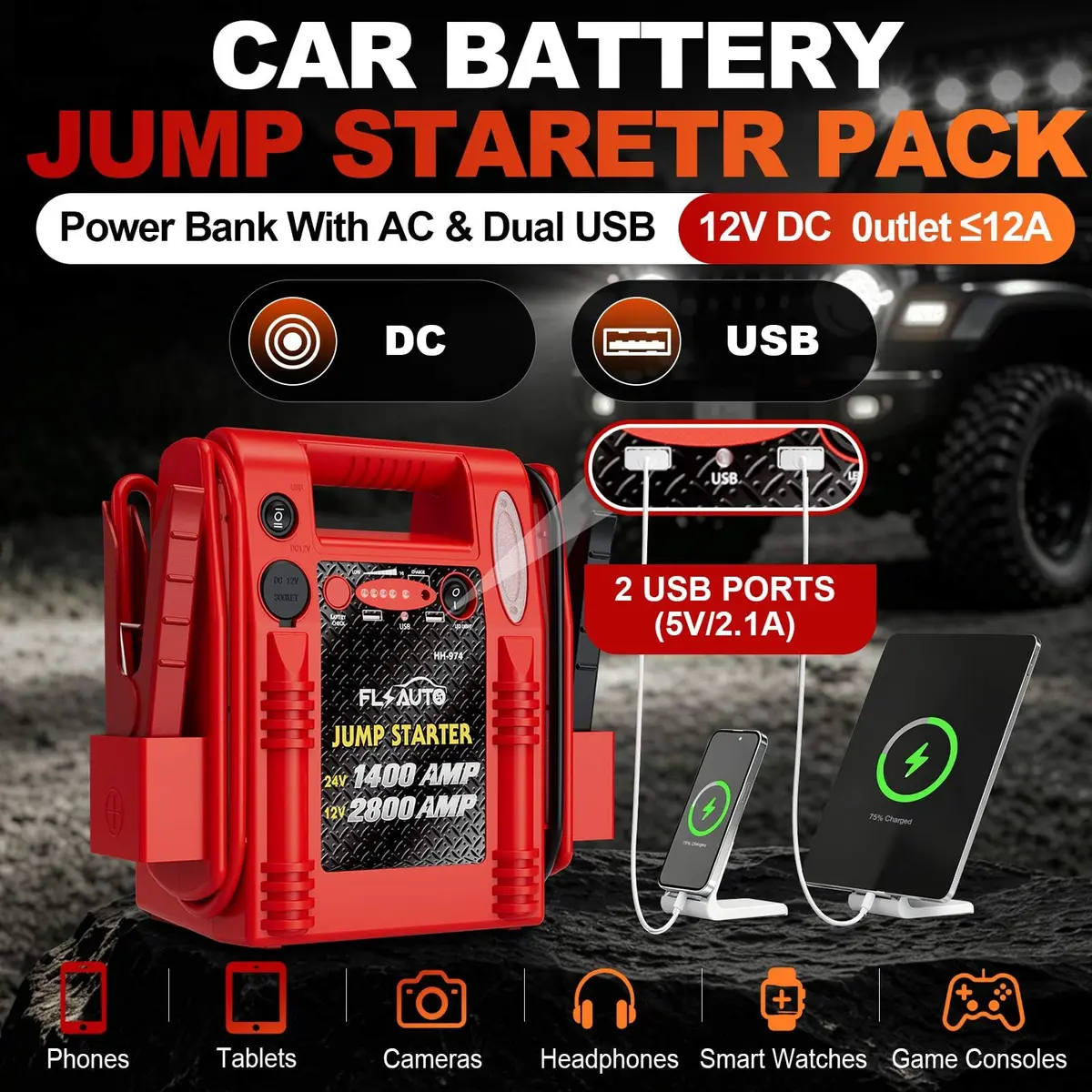 FlyAuto 12V/24V Heavy Duty Jump Starter & Battery Booster | 2800A Peak, Lead-Acid, Emergency Power, Portable - view 3