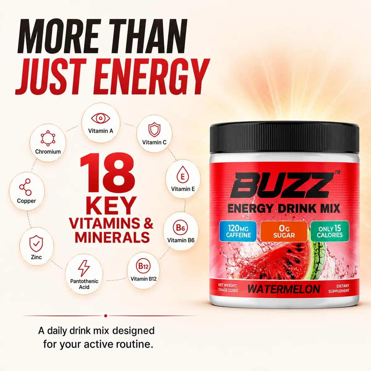 Morning Buzz Sugar Free Energy Drink Powder 30 Servings | Watermelon Flavor, cGMP Made in USA - view 5