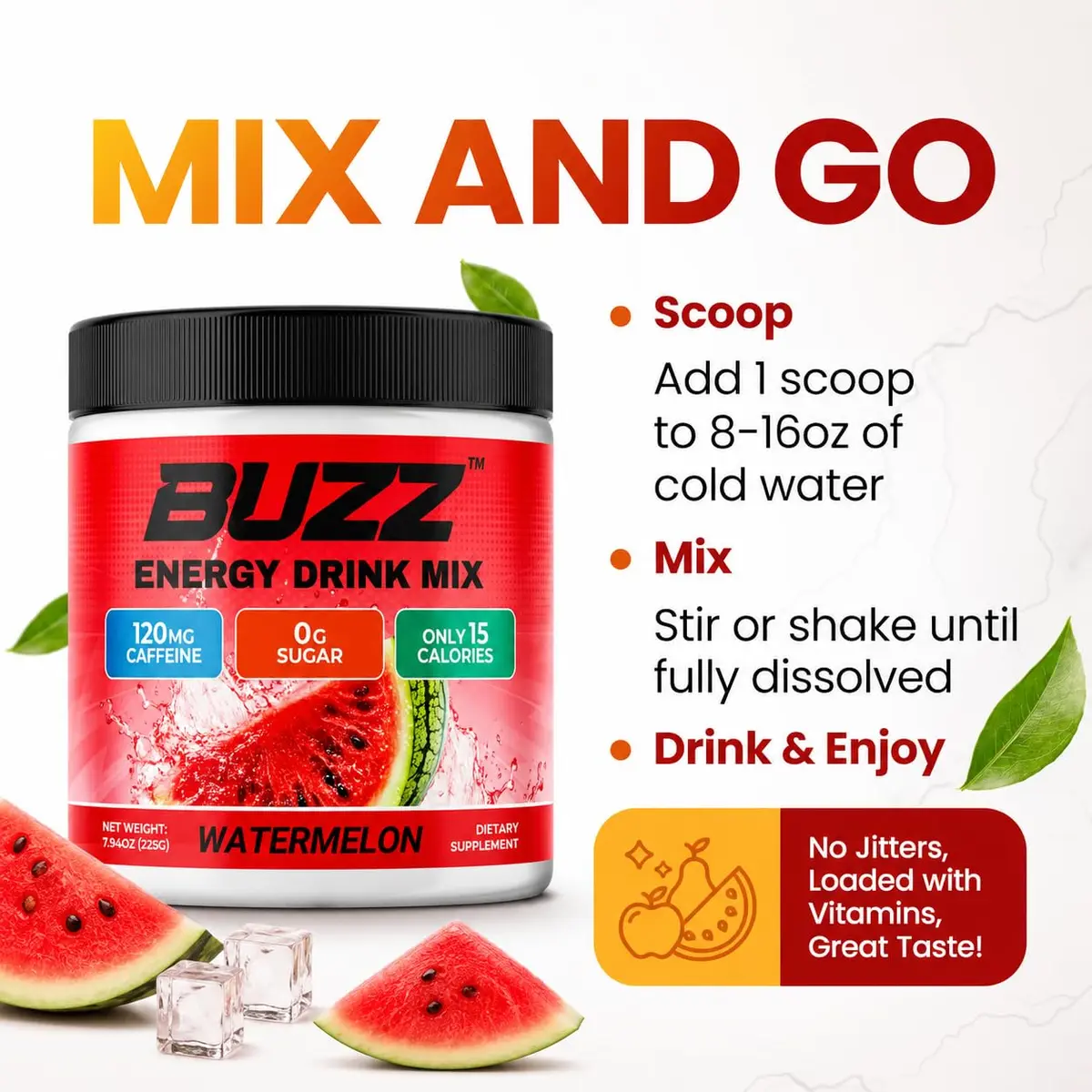 Morning Buzz Sugar Free Energy Drink Powder 30 Servings | Watermelon Flavor, cGMP Made in USA - view 6