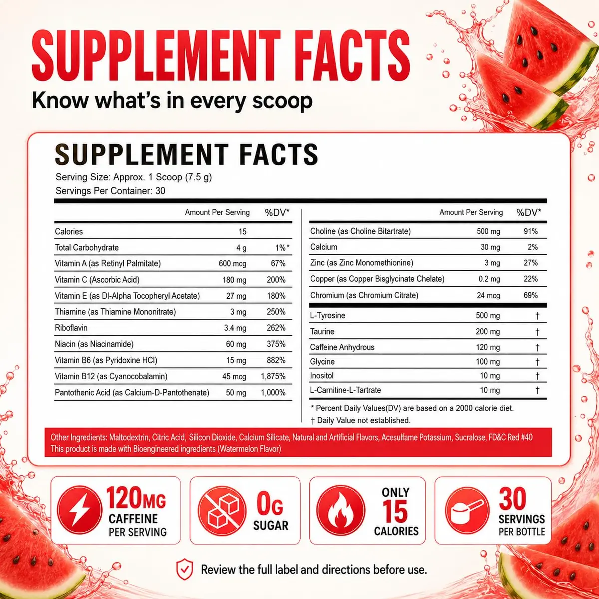 Morning Buzz Sugar Free Energy Drink Powder 30 Servings | Watermelon Flavor, cGMP Made in USA - view 2