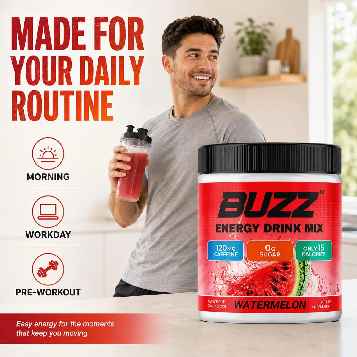 Morning Buzz Sugar Free Energy Drink Powder 30 Servings | Watermelon Flavor, cGMP Made in USA - view 3