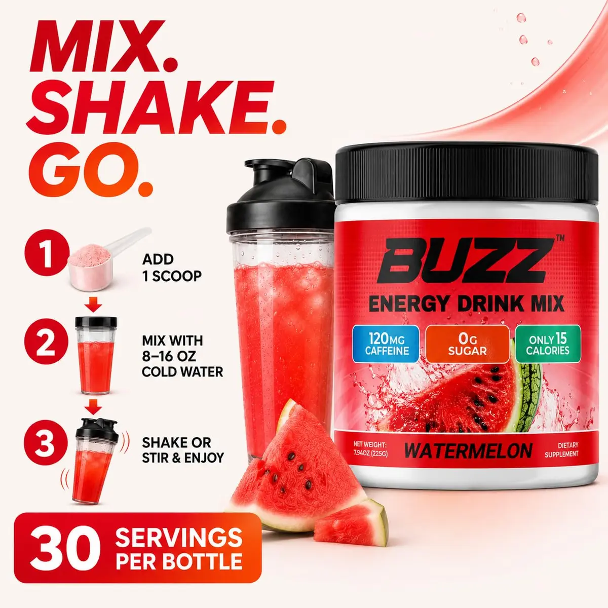 Morning Buzz Sugar Free Energy Drink Powder 30 Servings | Watermelon Flavor, cGMP Made in USA - view 4