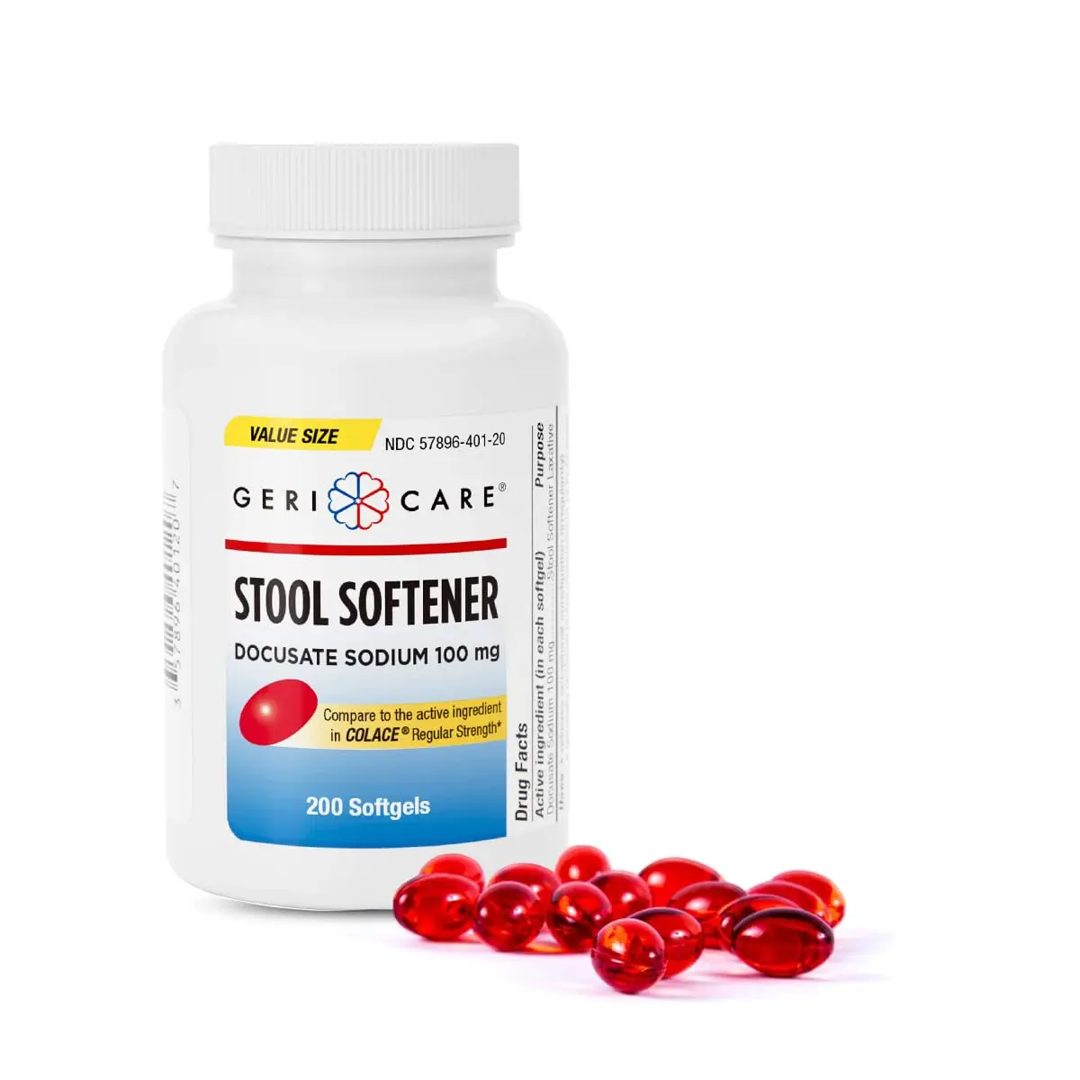 GeriCare Docusate Sodium Stool Softener 100mg | Gentle Constipation Relief for Adults, 200 Softgels - main product image