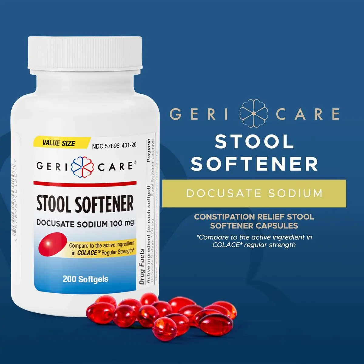 GeriCare Docusate Sodium Stool Softener 100mg | Gentle Constipation Relief for Adults, 200 Softgels - view 2