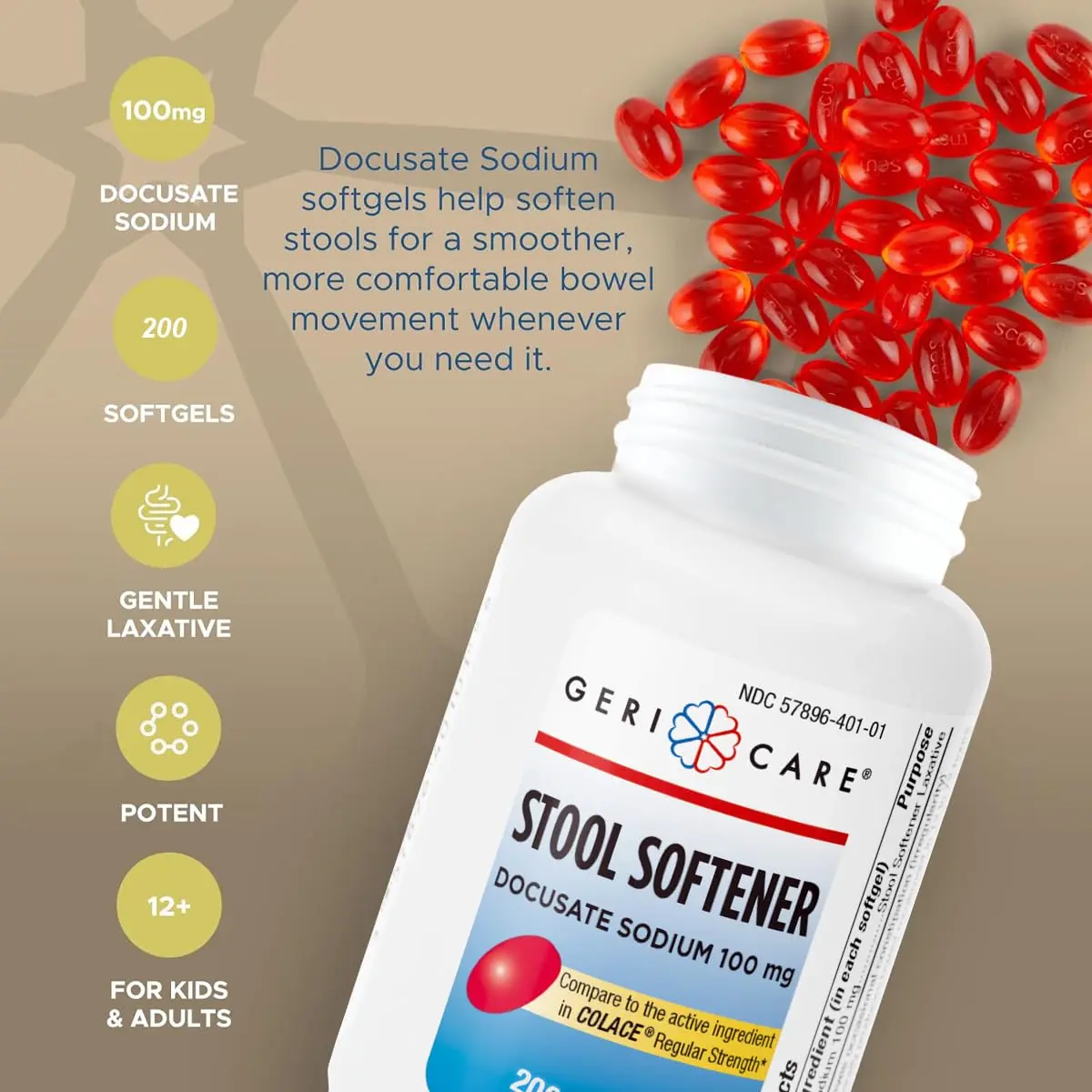 GeriCare Docusate Sodium Stool Softener 100mg | Gentle Constipation Relief for Adults, 200 Softgels - view 3