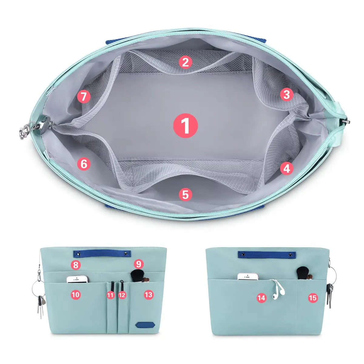 HyFanStr Green XL Tote Bag Organizer Insert with 15 Pockets | Waterproof Nylon Liner - view 3