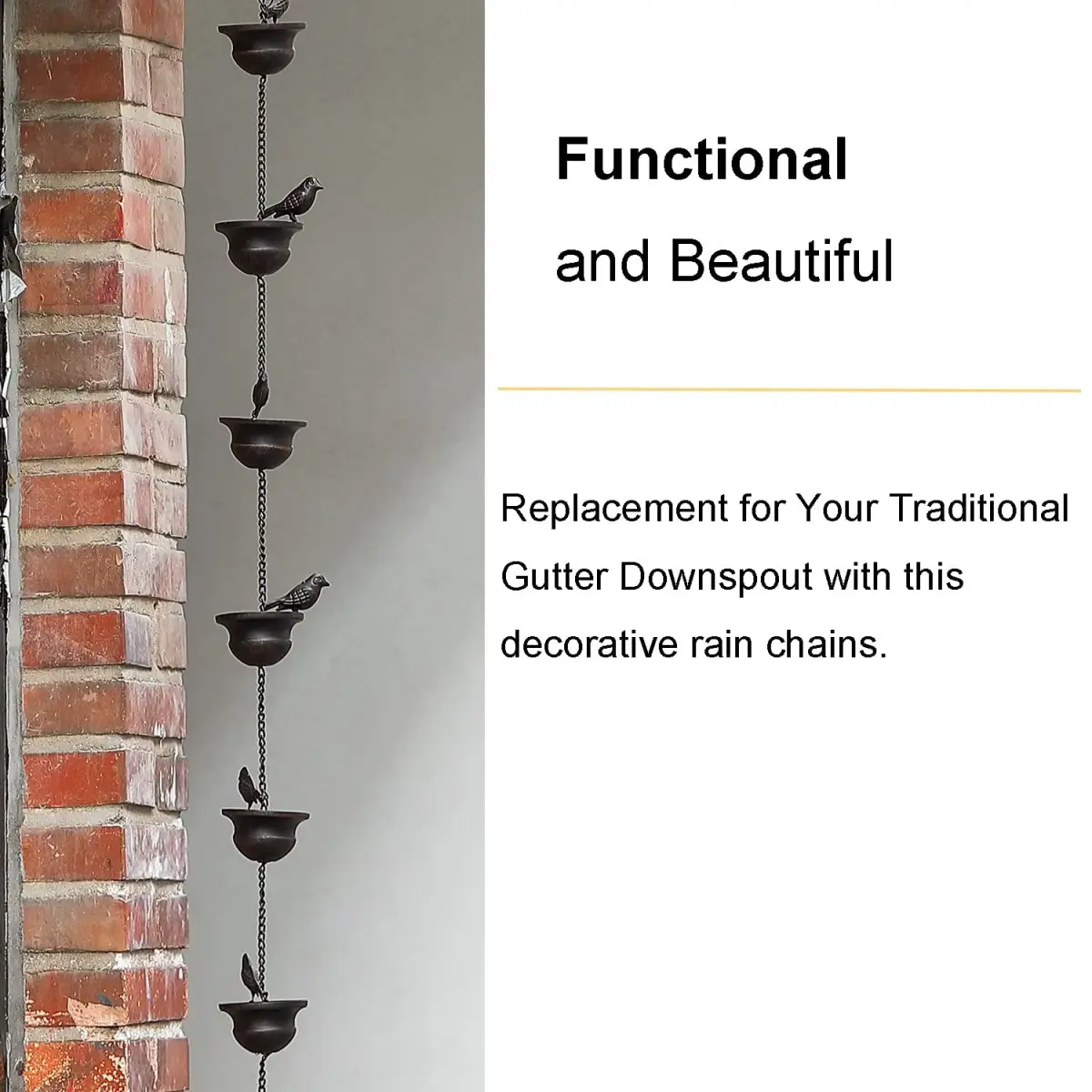 Jemeni Metal Bird Rain Chain 2.59m (8.5 Feet) with Dark Bronze Finish | Decorative Garden Water Feature - view 5