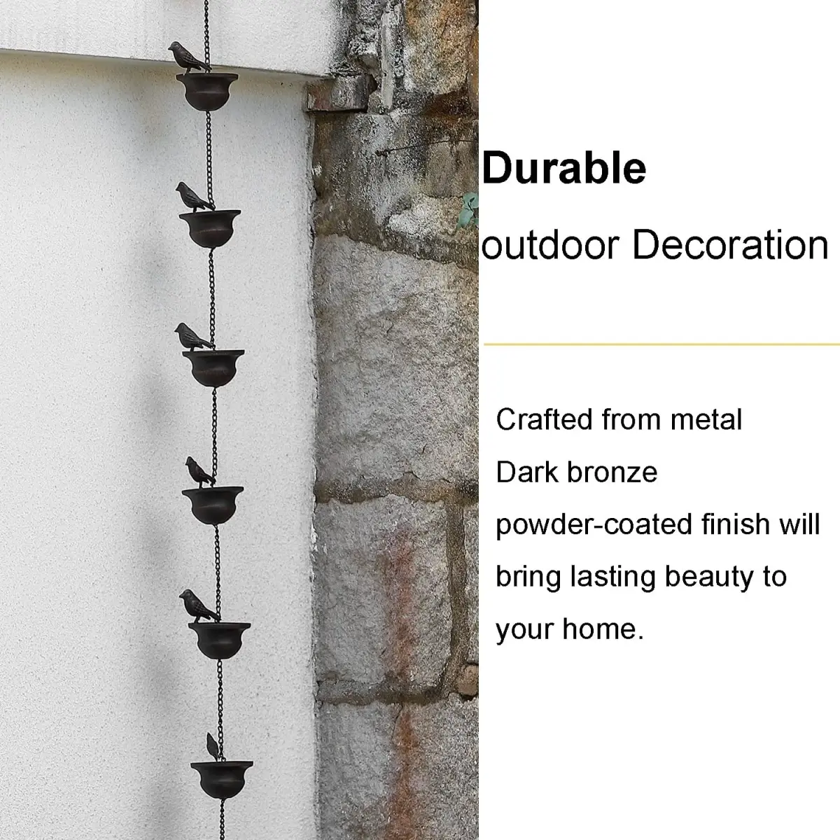 Jemeni Metal Bird Rain Chain 2.59m (8.5 Feet) with Dark Bronze Finish | Decorative Garden Water Feature - view 6