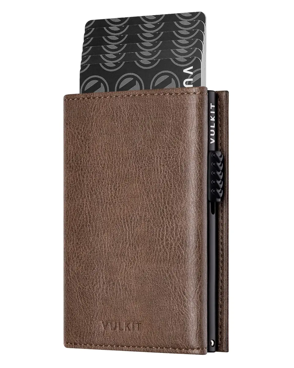 VULKIT Card Holder Wallet with Coin Pocket & ID Window | Magnetic Closure, Leather, Grain Espresso - main product image