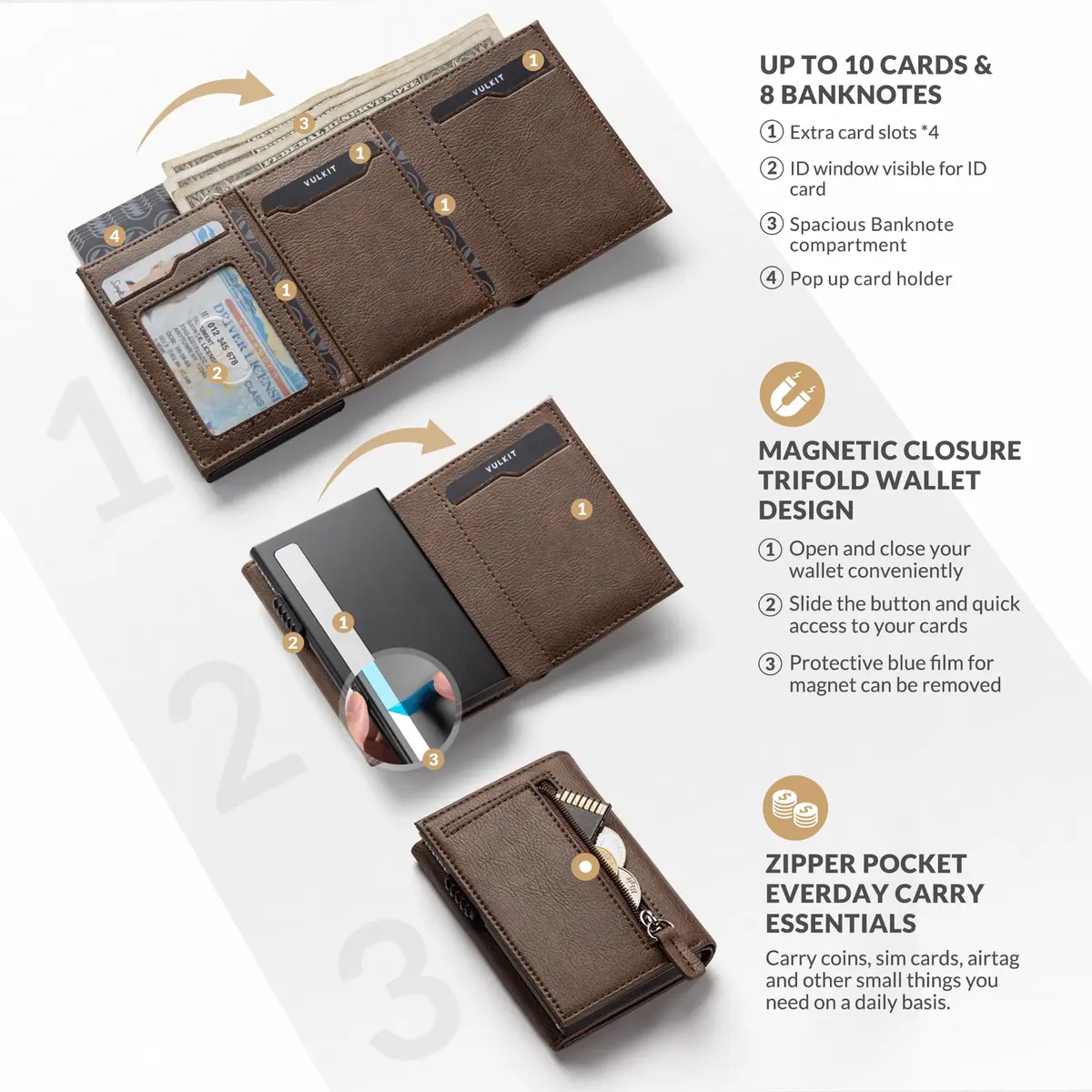 VULKIT Card Holder Wallet with Coin Pocket & ID Window | Magnetic Closure, Leather, Grain Espresso - view 2