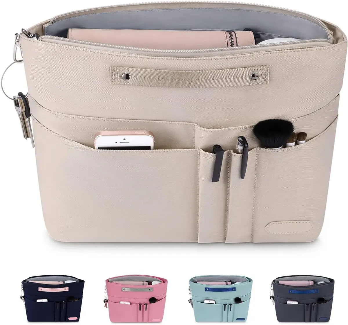 HyFanStr Purse Organizer Insert for Handbags, Tote Bag, Zipper Bag for Women with 15 Pockets, Beige | Ultra-light Waterproof Nylon - main product image