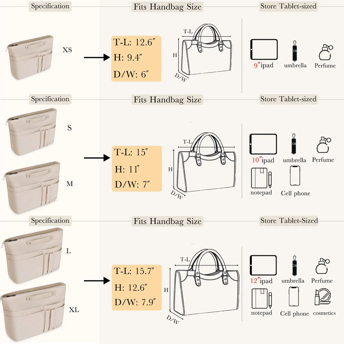 HyFanStr Purse Organizer Insert for Handbags, Tote Bag, Zipper Bag for Women with 15 Pockets, Beige | Ultra-light Waterproof Nylon - view 5