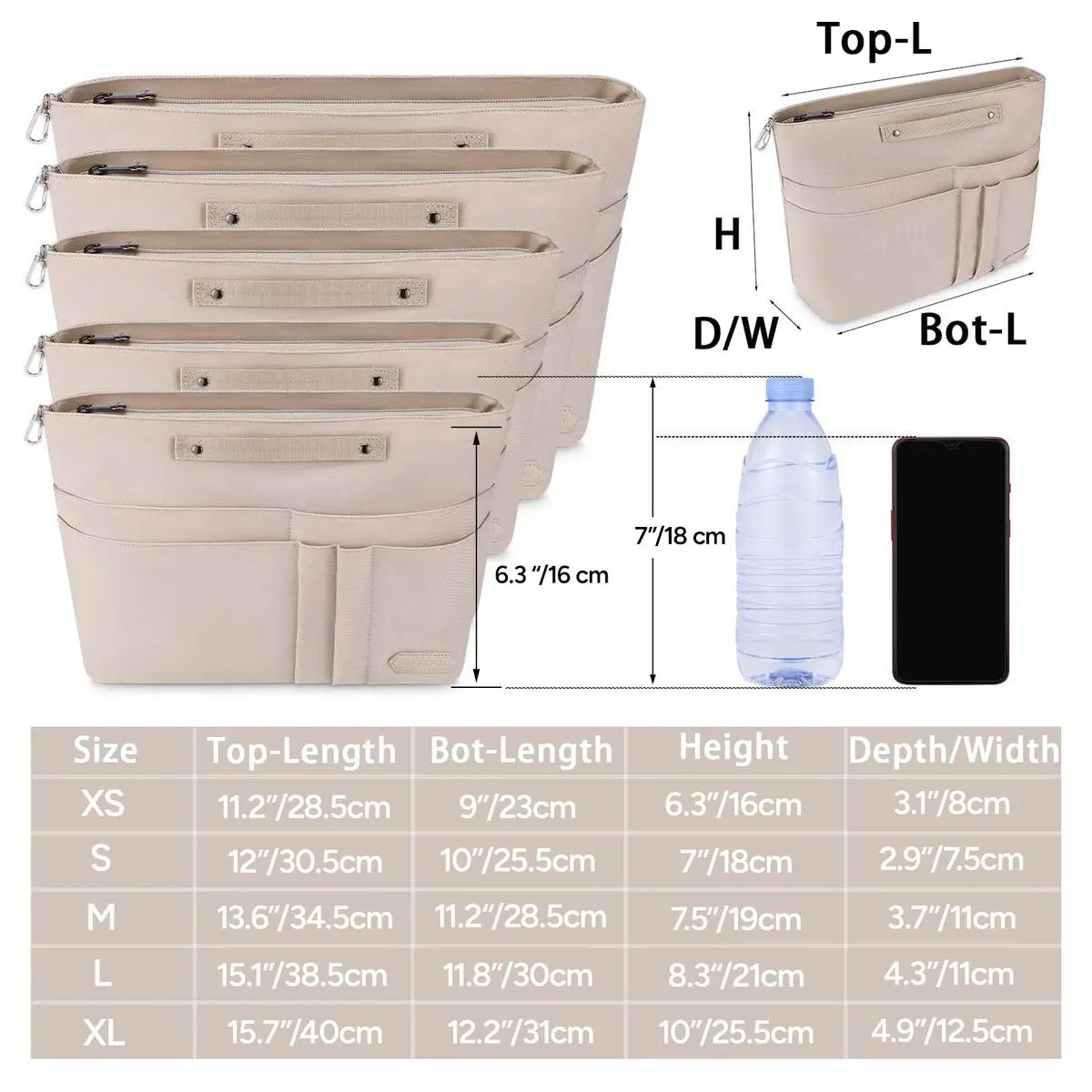 HyFanStr Purse Organizer Insert for Handbags, Tote Bag, Zipper Bag for Women with 15 Pockets, Beige | Ultra-light Waterproof Nylon - view 2