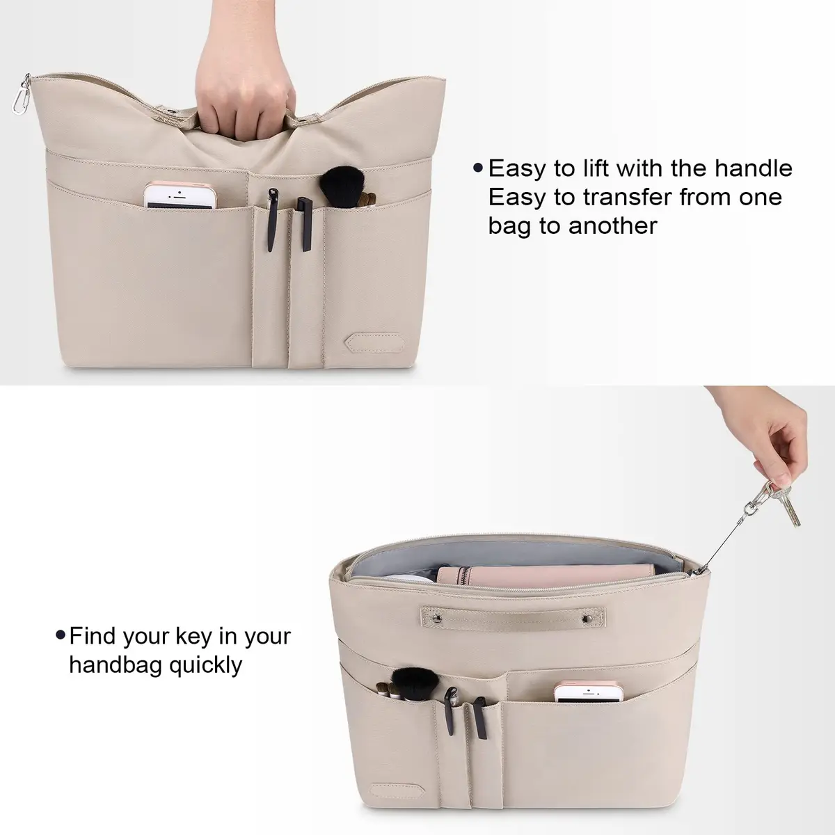 HyFanStr Purse Organizer Insert for Handbags, Tote Bag, Zipper Bag for Women with 15 Pockets, Beige | Ultra-light Waterproof Nylon - view 4