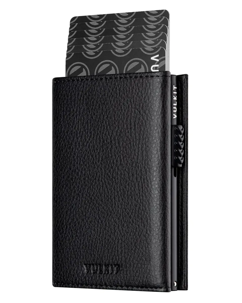 VULKIT Tri-Fold Leather Card Holder Wallet with Coin Pocket & Pop-Up Card Case, Grain Black, 10 Cards | RFID Blocking for Men - main product image