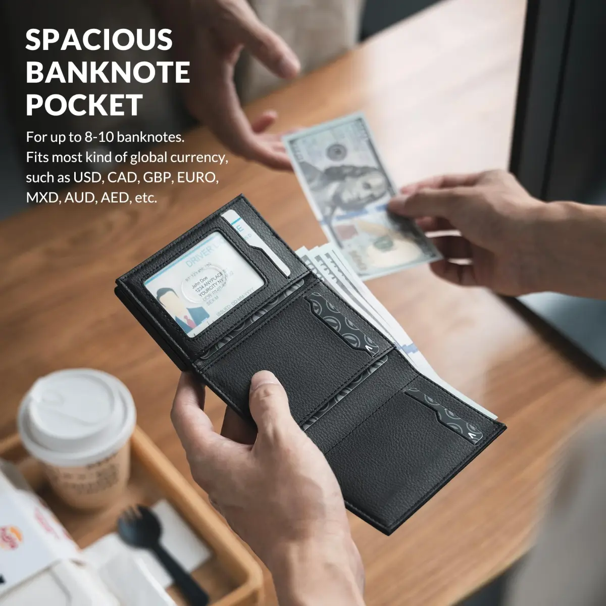 VULKIT Tri-Fold Leather Card Holder Wallet with Coin Pocket & Pop-Up Card Case, Grain Black, 10 Cards | RFID Blocking for Men - view 4