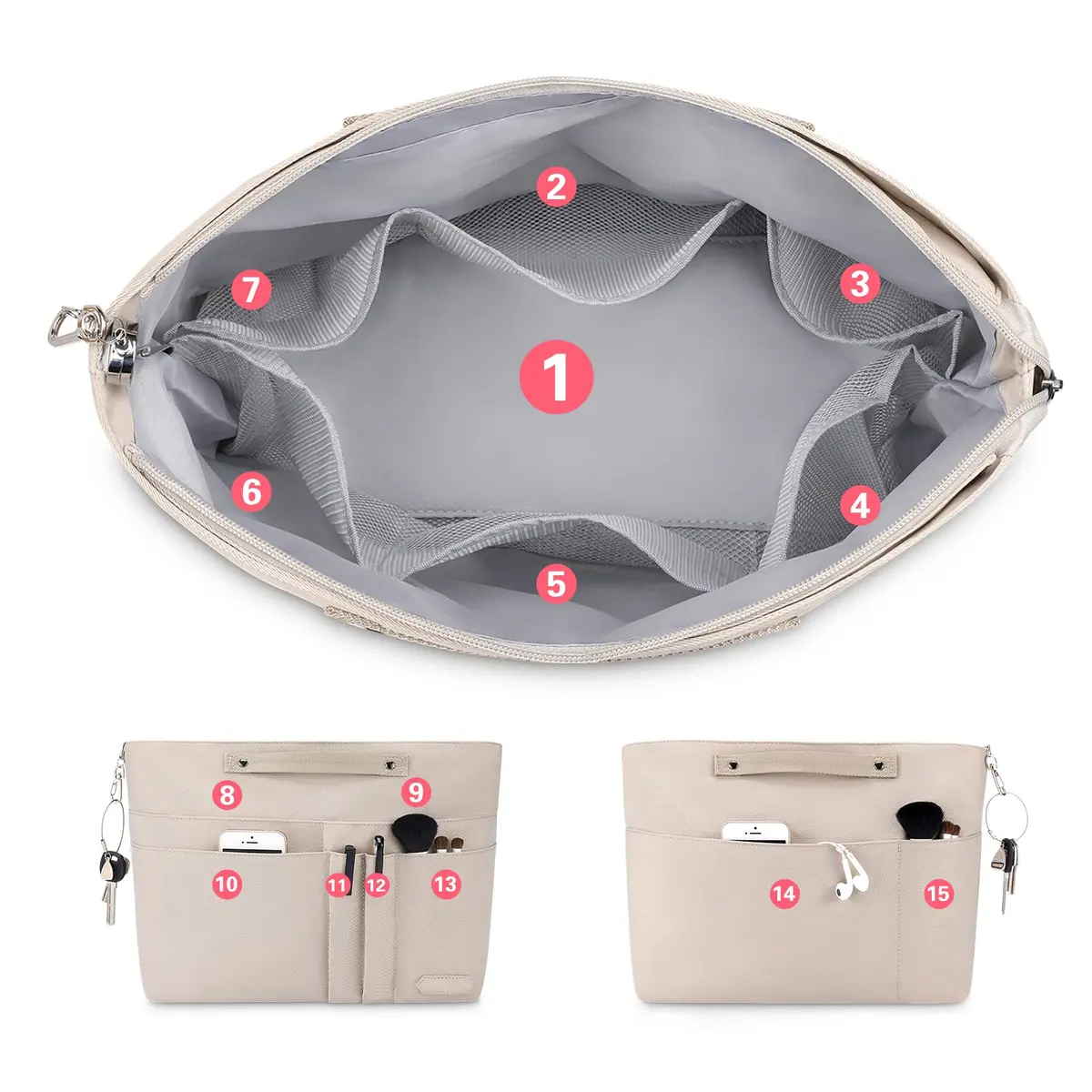 HyFanStr Purse Organizer Insert for Handbags, Tote Bag Organizer Liner with 15 Pockets, Beige 38.4cm x 20.7cm x 4.8cm - view 3