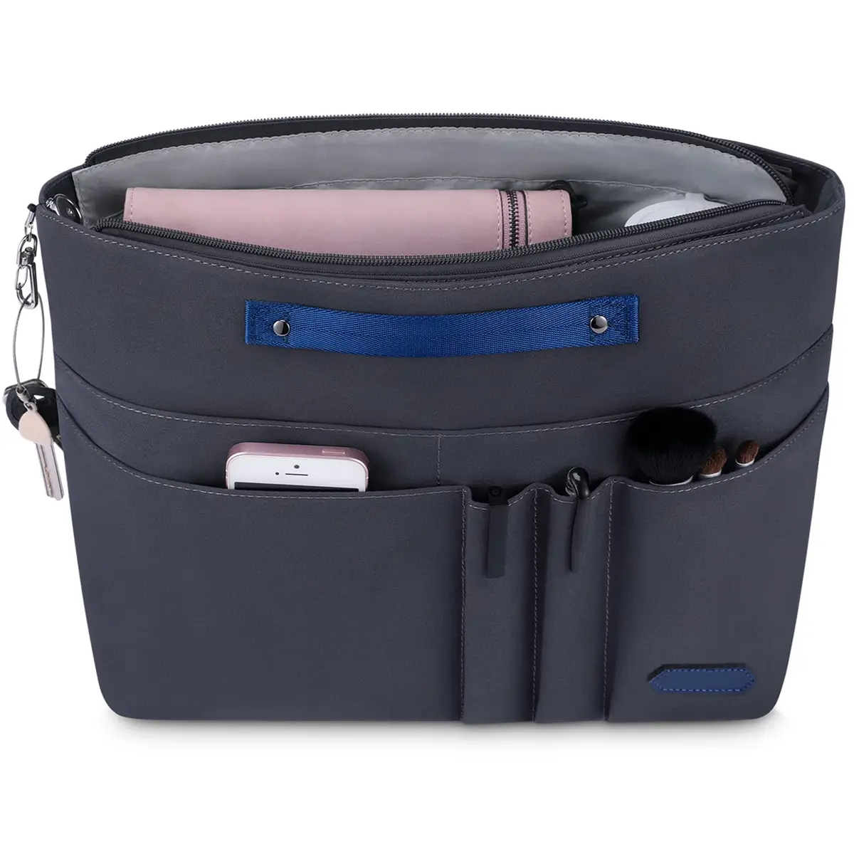 HyFanStr XL Gray Nylon Handbag Organizer Insert with 15 Pockets & Keychain | 39.6cm (15.6") x 12.4cm (4.9") x 25.4cm (10") - main product image