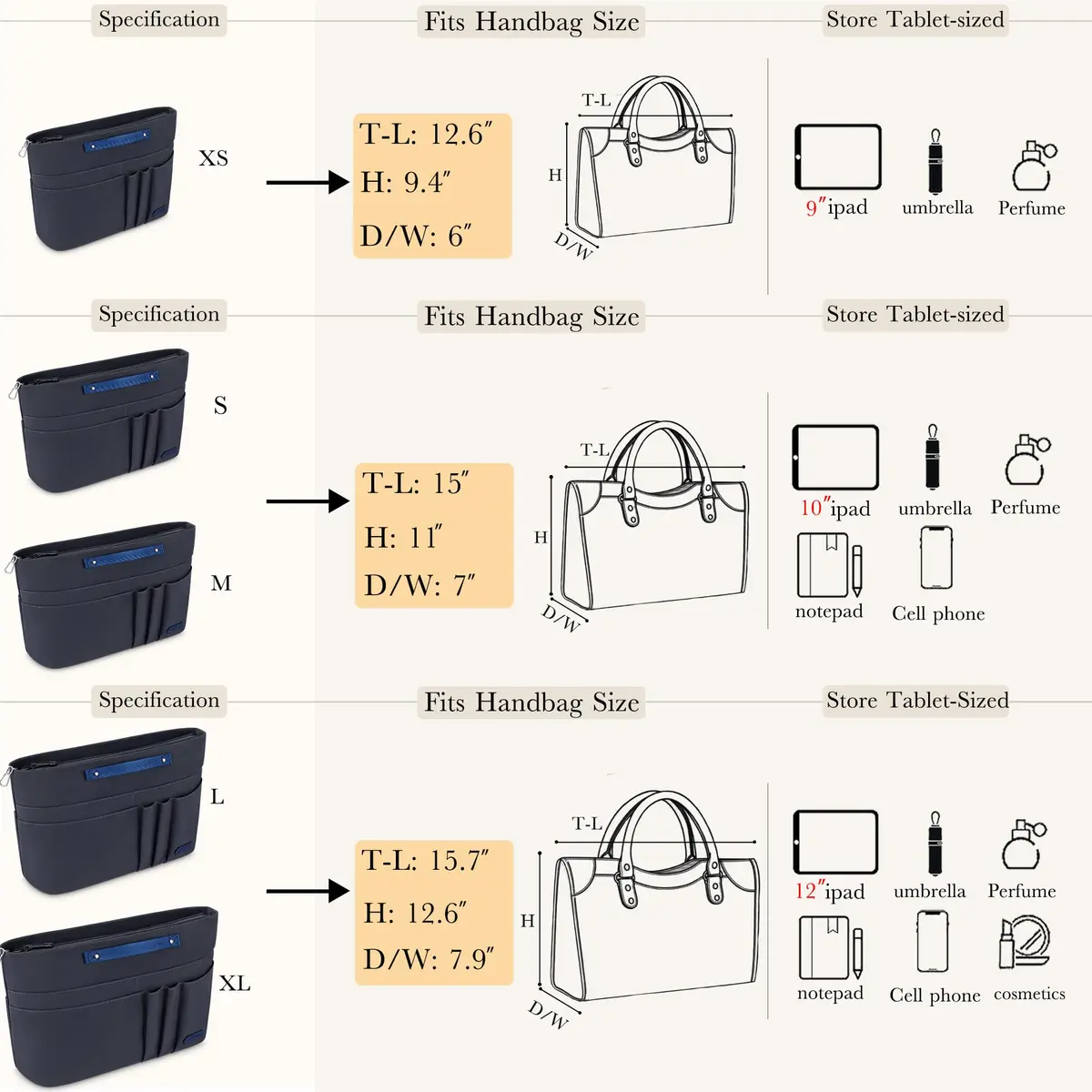 HyFanStr XL Gray Nylon Handbag Organizer Insert with 15 Pockets & Keychain | 39.6cm (15.6") x 12.4cm (4.9") x 25.4cm (10") - view 5