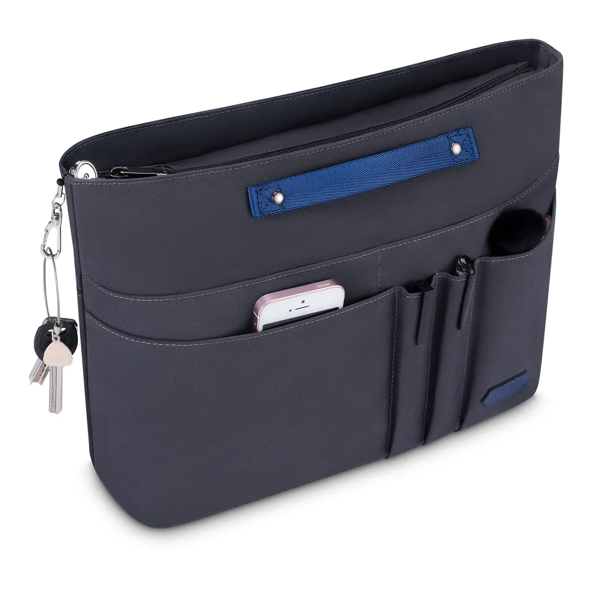 HyFanStr XL Gray Nylon Handbag Organizer Insert with 15 Pockets & Keychain | 39.6cm (15.6") x 12.4cm (4.9") x 25.4cm (10") - view 7