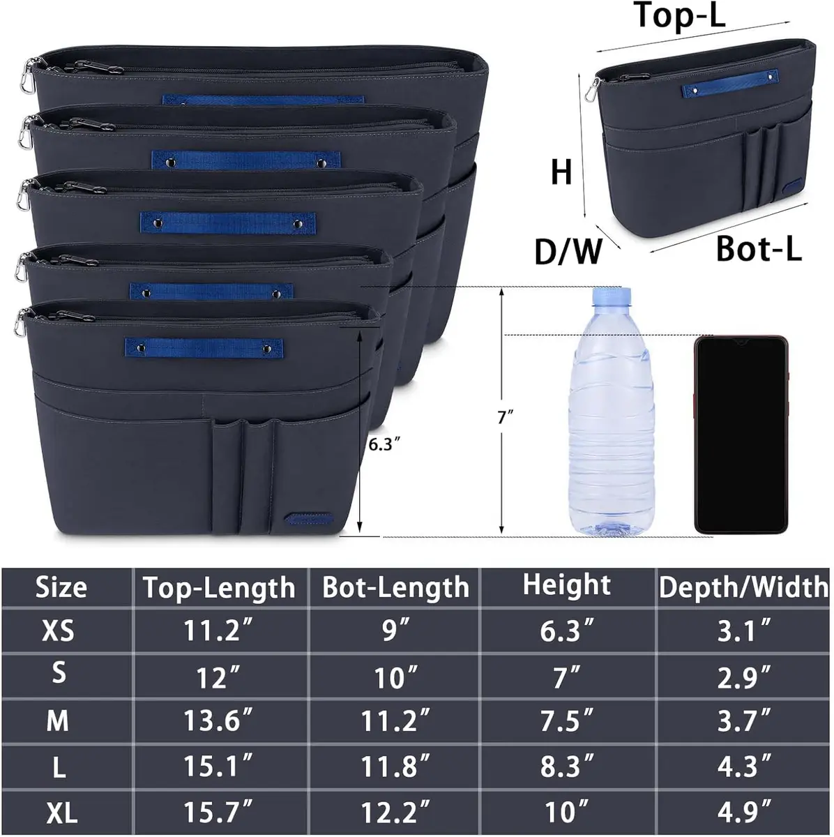 HyFanStr XL Gray Nylon Handbag Organizer Insert with 15 Pockets & Keychain | 39.6cm (15.6") x 12.4cm (4.9") x 25.4cm (10") - view 2