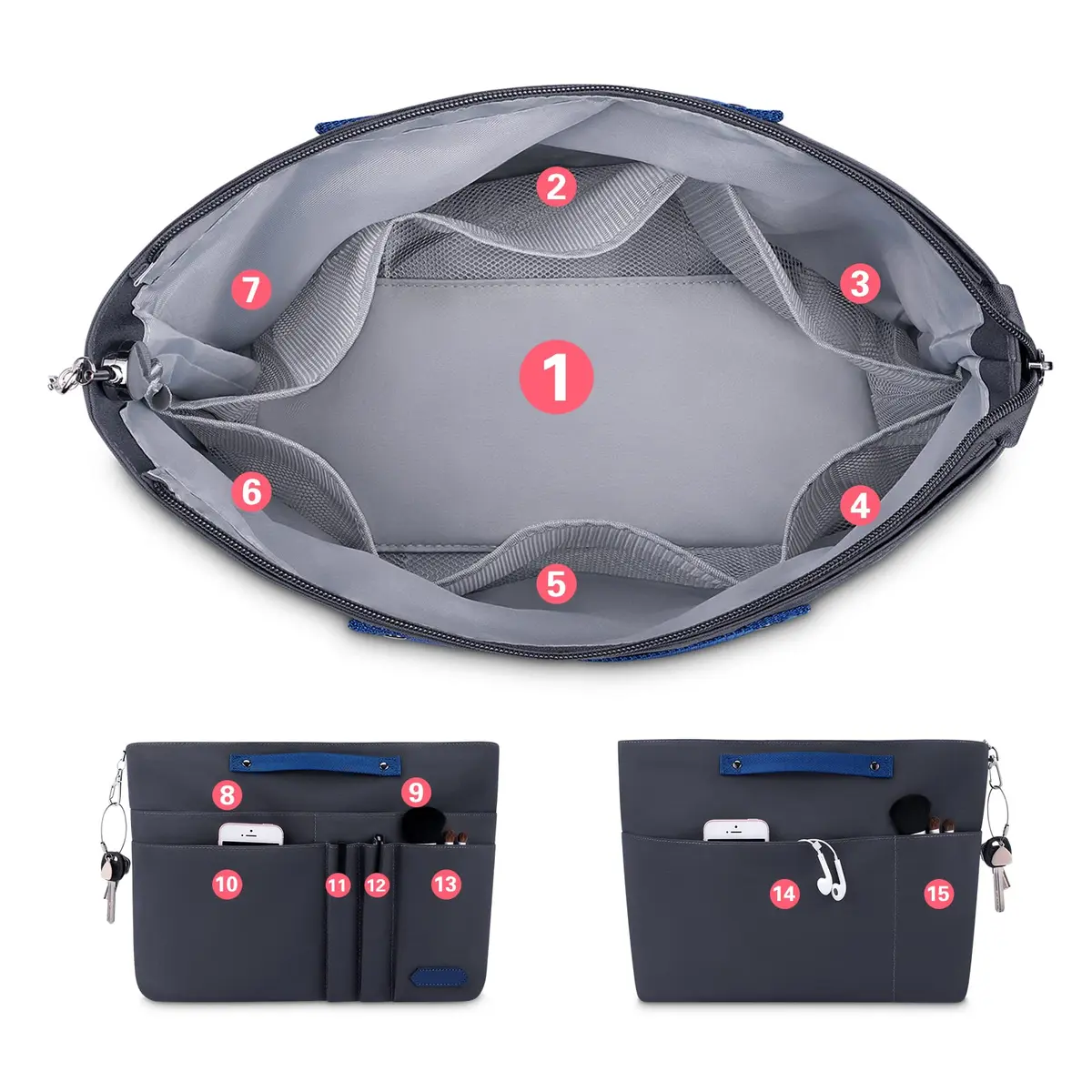 HyFanStr XL Gray Nylon Handbag Organizer Insert with 15 Pockets & Keychain | 39.6cm (15.6") x 12.4cm (4.9") x 25.4cm (10") - view 3