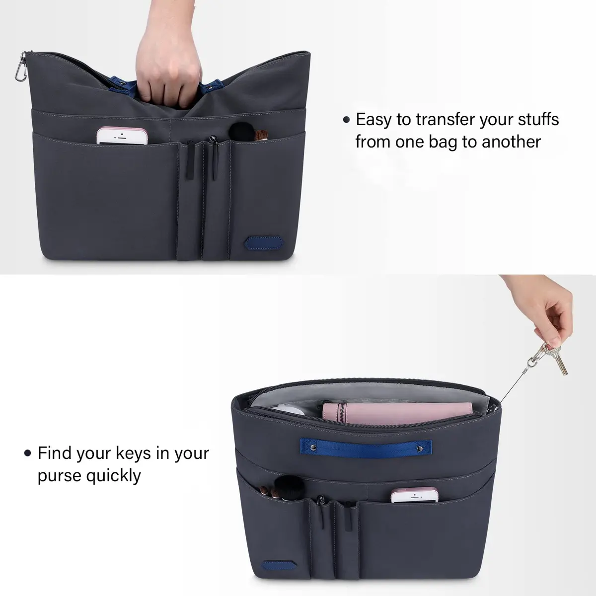 HyFanStr XL Gray Nylon Handbag Organizer Insert with 15 Pockets & Keychain | 39.6cm (15.6") x 12.4cm (4.9") x 25.4cm (10") - view 4
